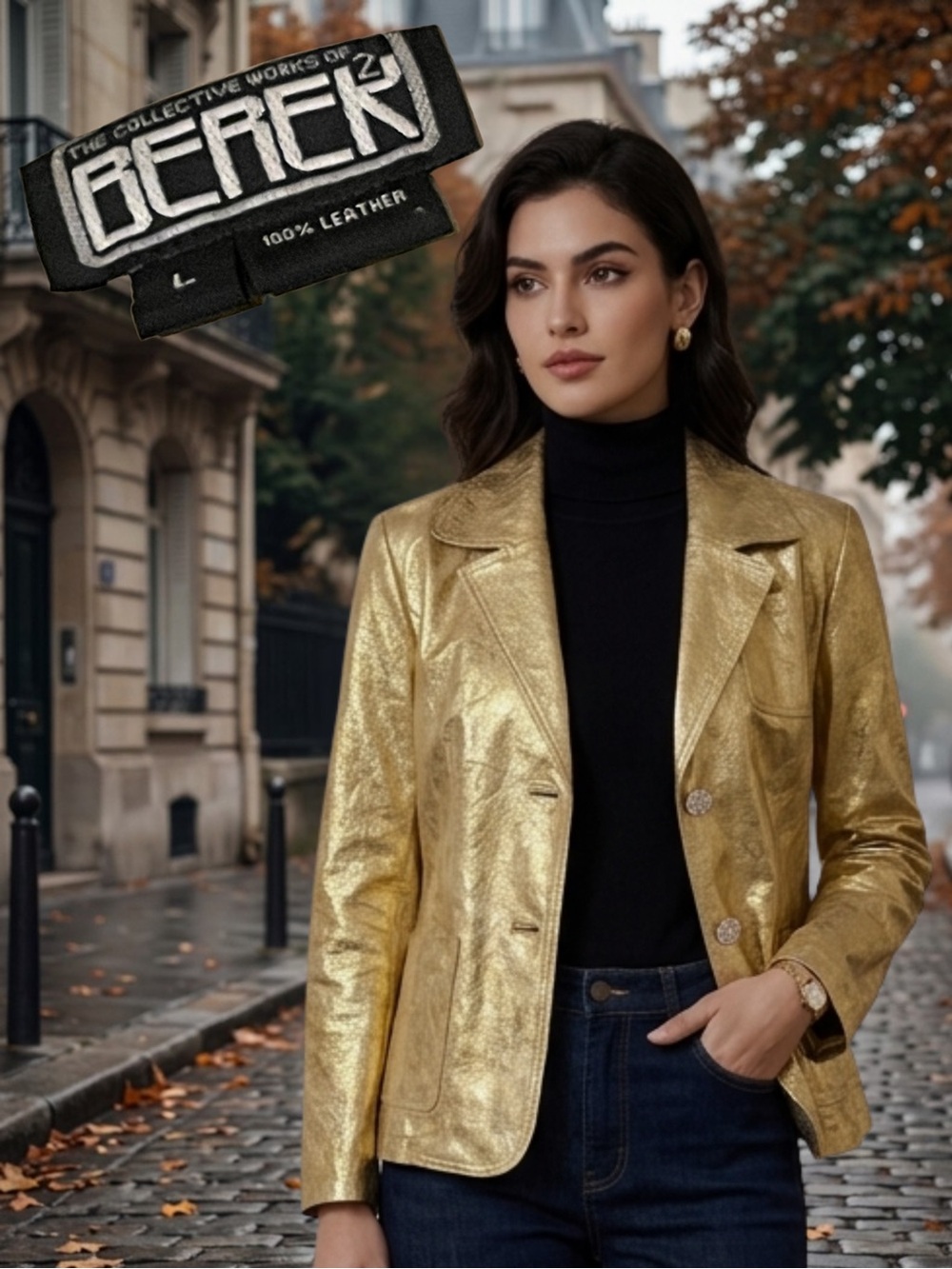 Vintage BEREK 2 Women's L Gold Metallic Leather Rhinestone Button Blazer Jacket